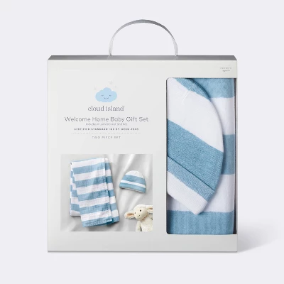 Hospital Muslin Swaddle Baby Blanket And Hat Gift Set - Blue And White Stripes - 2pk - Cloud Island™ 3 Hospital Muslin Swaddle Baby Blanket And Hat Gift Set - Blue And White Stripes - 2pk - Cloud Island™ - Image 3